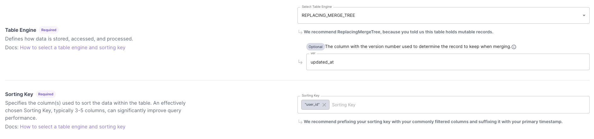 Sorting key for a mutable records table with a version column