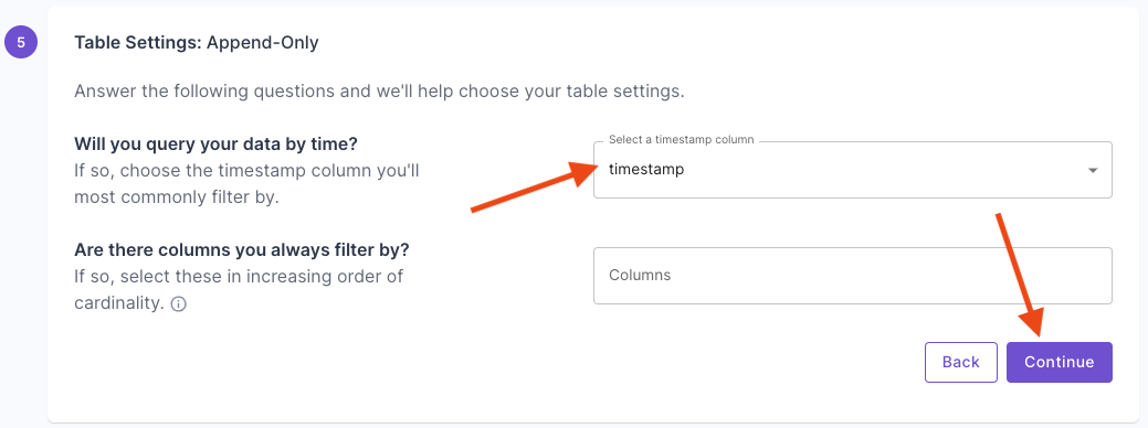 A screen capture of the second &quot;Destination table settings&quot; step of the create Materialized View flow in the Propel Console