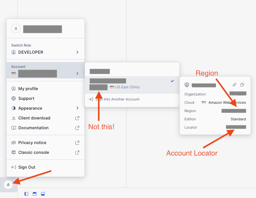 A screenshot demonstrating how to find your Snowflake Account Identifier in the Snowflake Console.